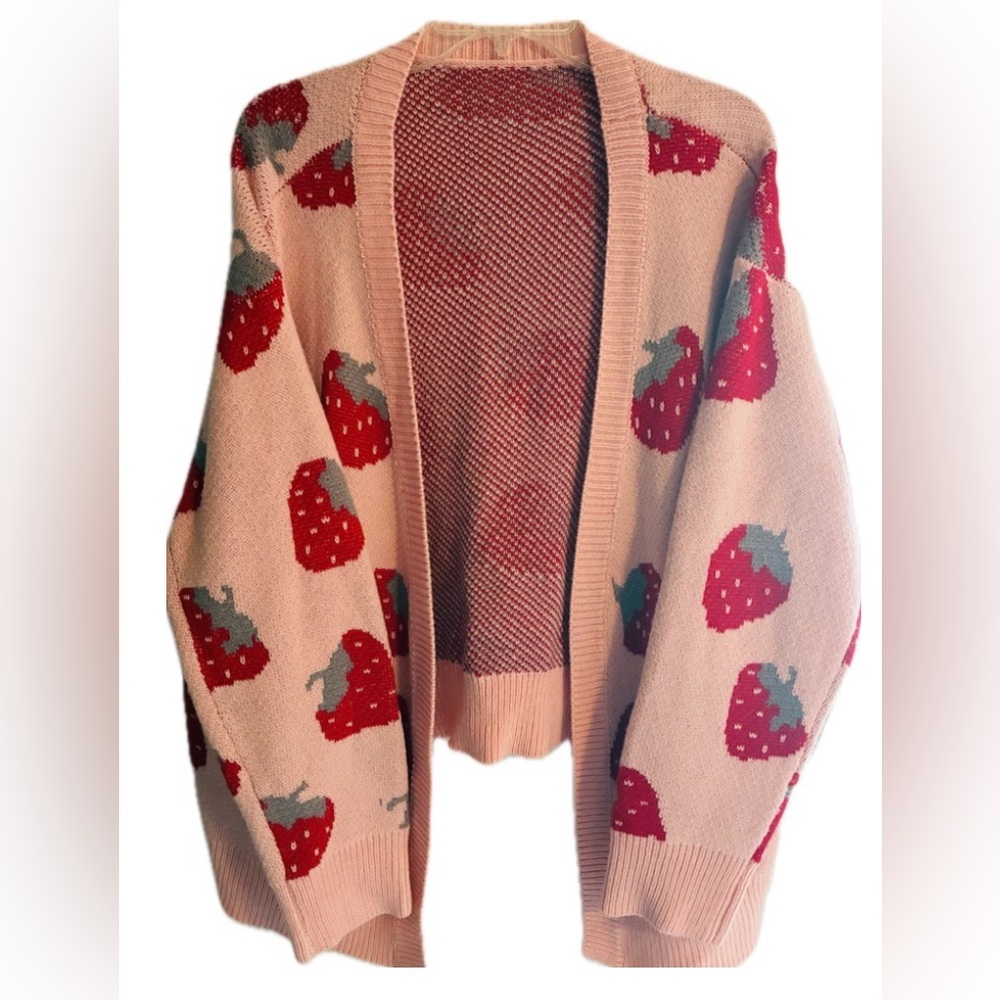 Pink Strawberry Cardigan XXL Women's Sweater Pink Like NEW Strawberry sweater